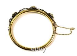 Gorgeous Vintage 14k Yellow Gold Pearl and Blue Enamel Flower Bangle Bracelet