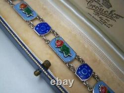 Gorgeous Vintage Solid Sterling Silver Guilloche Enamel Rose Bracelet 7.5 Rare