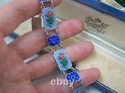 Gorgeous Vintage Solid Sterling Silver Guilloche Enamel Rose Bracelet 7.5 Rare