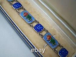 Gorgeous Vintage Solid Sterling Silver Guilloche Enamel Rose Bracelet 7.5 Rare