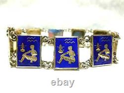 Great Vintage Egyptian Revival Blue Enamel Sterling Silver Panel Bracelet 7.75