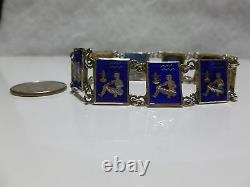 Great Vintage Egyptian Revival Blue Enamel Sterling Silver Panel Bracelet 7.75