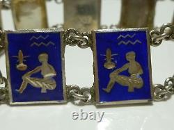 Great Vintage Egyptian Revival Blue Enamel Sterling Silver Panel Bracelet 7.75