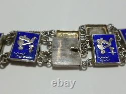 Great Vintage Egyptian Revival Blue Enamel Sterling Silver Panel Bracelet 7.75