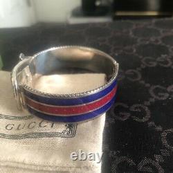 Gucci 925 Sterl Silver with Red & Blue Enamel Buckle Garden Bracelet Sz 7.5 US