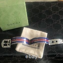 Gucci 925 Sterl Silver with Red & Blue Enamel Buckle Garden Bracelet Sz 7.5 US