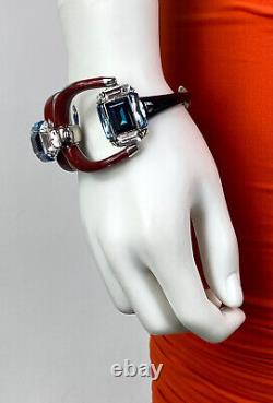 Gucci Auth Red Black Enamel Double Horsebit Blue Clear Crystal Cuff Bracelet Bag