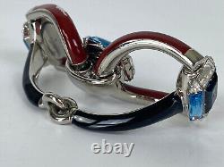 Gucci Auth Red Black Enamel Double Horsebit Blue Clear Crystal Cuff Bracelet Bag