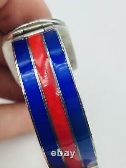 Gucci Italy Sterling Silver Blue & Red Enamel Stripe Buckle Bangle Bracelet