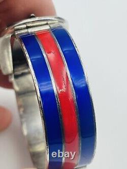 Gucci Italy Sterling Silver Blue & Red Enamel Stripe Buckle Bangle Bracelet