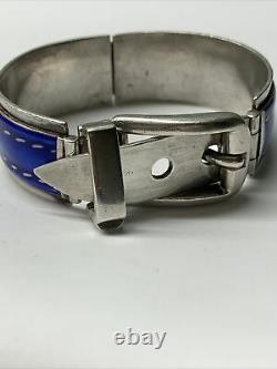 Gucci Vintage 1970s Blue Enamel Sterling Silver Hinged Buckle Bracelet