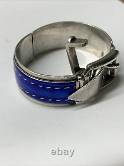 Gucci Vintage 1970s Blue Enamel Sterling Silver Hinged Buckle Bracelet