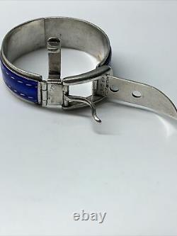 Gucci Vintage 1970s Blue Enamel Sterling Silver Hinged Buckle Bracelet