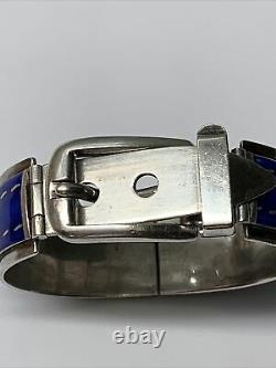 Gucci Vintage 1970s Blue Enamel Sterling Silver Hinged Buckle Bracelet