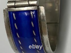 Gucci Vintage 1970s Blue Enamel Sterling Silver Hinged Buckle Bracelet