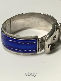 Gucci Vintage 1970s Blue Enamel Sterling Silver Hinged Buckle Bracelet