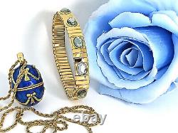 Guilloché Blue Enamel Faberge Egg Pendant & Bracelet Sterling Silver GOLD Plated