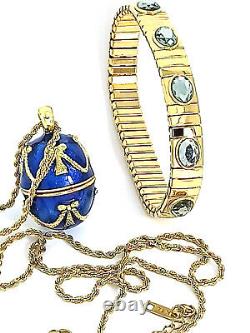 Guilloché Blue Enamel Faberge Egg Pendant & Bracelet Sterling Silver GOLD Plated