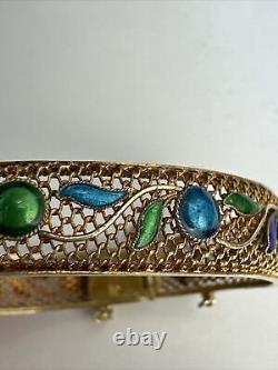 Guilt Over Sterling Silver Enamel Filigree Vintage Bracelet green and blue