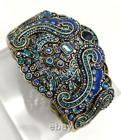 HEIDI DAUS Aztique Crystal & Enamel Hinged Cuff Bracelet Blue M/L NIB