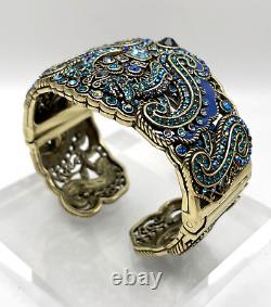 HEIDI DAUS Aztique Crystal & Enamel Hinged Cuff Bracelet Blue M/L NIB