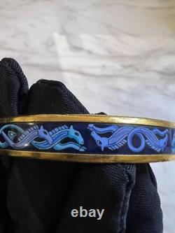 HERMES Bangle Bracelet PM Gold Plated Metal Blue Enamel Horse Print Authentic