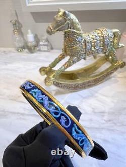 HERMES Bangle Bracelet PM Gold Plated Metal Blue Enamel Horse Print Authentic