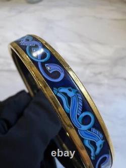 HERMES Bangle Bracelet PM Gold Plated Metal Blue Enamel Horse Print Authentic