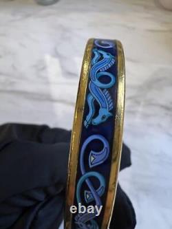 HERMES Bangle Bracelet PM Gold Plated Metal Blue Enamel Horse Print Authentic