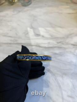 HERMES Bangle Bracelet PM Gold Plated Metal Blue Enamel Horse Print Authentic