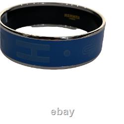 HERMES Bleu Turquin Sellier Blue Enamel and Palladium Plated Wide Bracelet XS