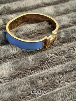 HERMÈS Blue Enamel Gold-Tone H Clic Clac Hinged Bangle Cuff Bracelet Signed