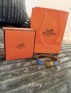 HERMÈS Blue Enamel Gold-Tone H Clic Clac Hinged Bangle Cuff Bracelet Signed