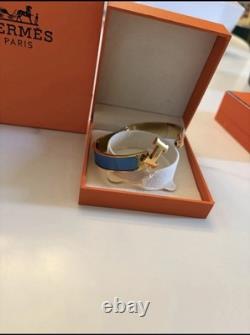 HERMÈS Blue Enamel Gold-Tone H Clic Clac Hinged Bangle Cuff Bracelet Signed
