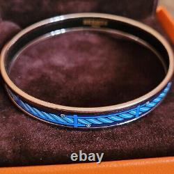 HERMES Blue Narrow Quadrige Design Enamel Bracelet Palladium Size 65