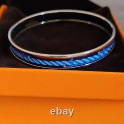 HERMES Blue Narrow Quadrige Design Enamel Bracelet Palladium Size 65