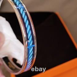 HERMES Blue Narrow Quadrige Design Enamel Bracelet Palladium Size 65