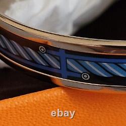 HERMES Blue Narrow Quadrige Design Enamel Bracelet Palladium Size 65