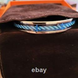 HERMES Blue Narrow Quadrige Design Enamel Bracelet Palladium Size 65