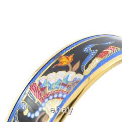 HERMES Bracelet Bangle Enamel Email Fan Motif Black Blue Multi Color Gold GP