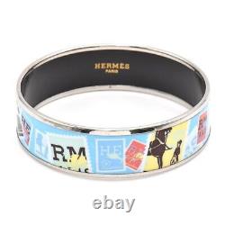 HERMES Bracelet Bangle Enamel Email Stamp Design Light Blue Silver Metal auth