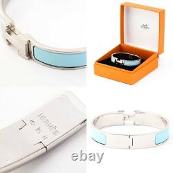 HERMES Bracelet Enamel Metal Silver Blue Click Crack PM Boxed Around arm 6.5 cm