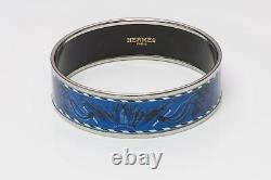 HERMES Brazil Palladium Plated Blue Enamel Bangle Bracelet