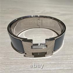 HERMÈS Clic Clac H Silver & Blue Enamel Bangle Bracelet Turnlock Oval 6.2in