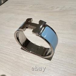 HERMÈS Clic Clac H Silver & Blue Enamel Bangle Bracelet Turnlock Oval 6.2in