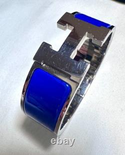 HERMES Clic H Bracelet Wide Royal Blue Enamel Palladium XS Size Used Good