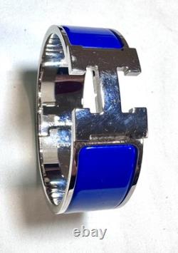 HERMES Clic H Bracelet Wide Royal Blue Enamel Palladium XS Size Used Good