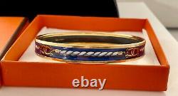 HERMES ENAMEL navy narrow BRACELET yellow gold plated BORDER in box