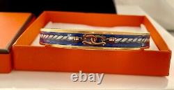 HERMES ENAMEL navy narrow BRACELET yellow gold plated BORDER in box