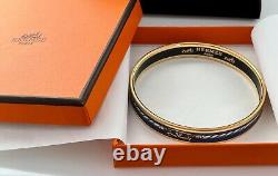 HERMES ENAMEL navy narrow BRACELET yellow gold plated BORDER in box